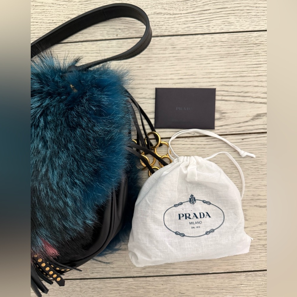 PRADA CORSAIRE FOX-FUR AND LEATHER SHOULDER BAG IN BLUE - Picture 10 of 13